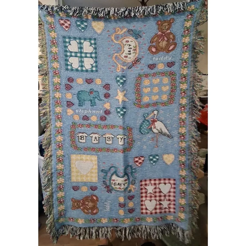Baby Tapestry Crib Blanket Fringe TeddyB. Stork Elephant Flowers Hearts 32